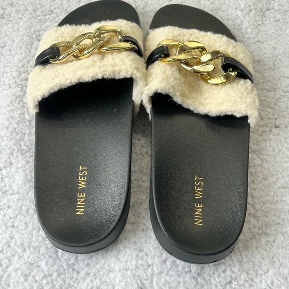 NEW Women's Nine West Cream Faux Fur Slip On Sandals Size 9 M - Picture 4 of 7
